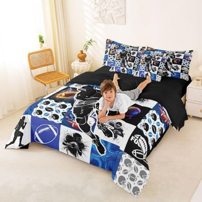 Erosebridal Sports King Bedding Set - Football Patchwork Bed in a Bag,Geometric Ball Pattern Comforter Sets with Sheets, Rugby Game 7 Pieces Bed Set Bedroom Decor
