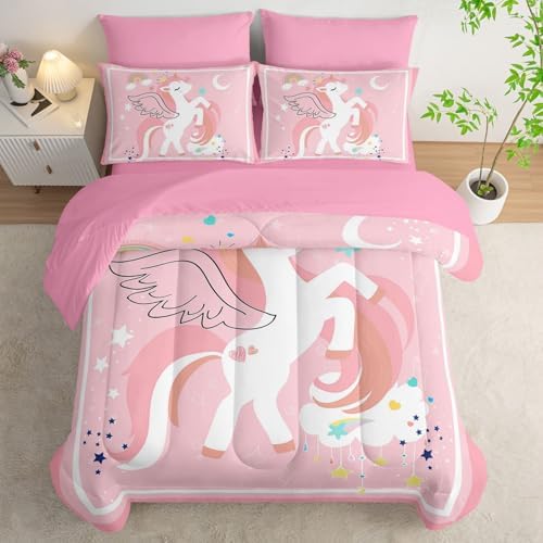 7Pcs Comforter Set Cartoon Pink Unicorn Printed Bedding Set with 1 Comforter,1 Flat Sheet,1 Fitted Sheet and 4 Pillowcases for Boys and Girls Bedroom All Season(Twin)