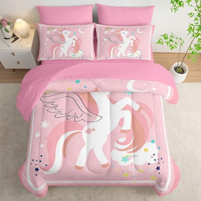 7Pcs Comforter Set Cartoon Pink Unicorn Printed Bedding Set with 1 Comforter,1 Flat Sheet,1 Fitted Sheet and 4 Pillowcases for Boys and Girls Bedroom All Season(Full)