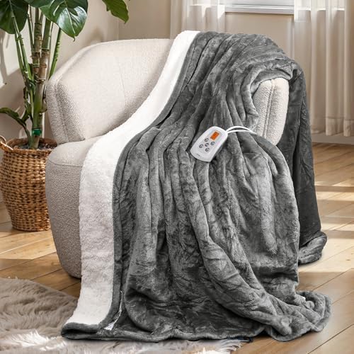 RoyalCraft Twin Size Heated Blanket,Fast Heating Throw with 10 Heating Levels & 0.5-12 Hour Auto-Off, ETL Certified, Machine Washable, 5 Year Warranty (Grey+White, Twin)