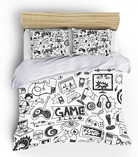 Gaming Comforter Sets for Boys Teen Queen Size,Kids Video Games Bedding Set Sketch Style Athletic Racing Game Design Bedroom Home Decor