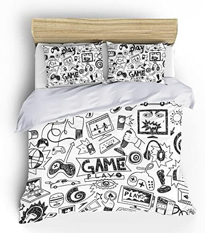 Gaming Comforter Sets for Boys Teen Queen Size,Kids Video Games Bedding Set Sketch Style Athletic Racing Game Design Bedroom Home Decor