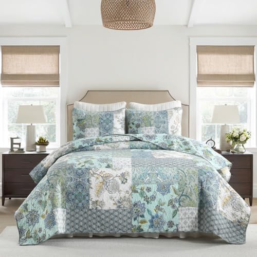 Yvooxny 3-Piece Quilt Set Queen Size Patchwork Paisley Turquoise Floral