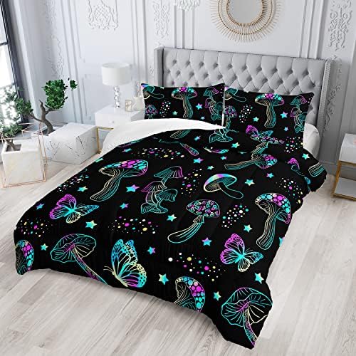Colorful Mushroom Comforter Set Twin Size Kids Mushroom Butterfly Bedding Set Star Quilt Bed Set for Boys Girls Adults with 1 Comforter and 2 Pillowcases