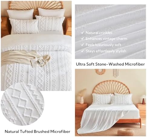 MR&HM 7 Pieces Comforter Set Full, Tufted Boho Farmhouse Bed Set White