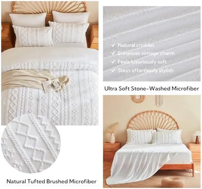 MR&HM 7 Pieces Comforter Set Full, Tufted Boho Farmhouse Bed Set White
