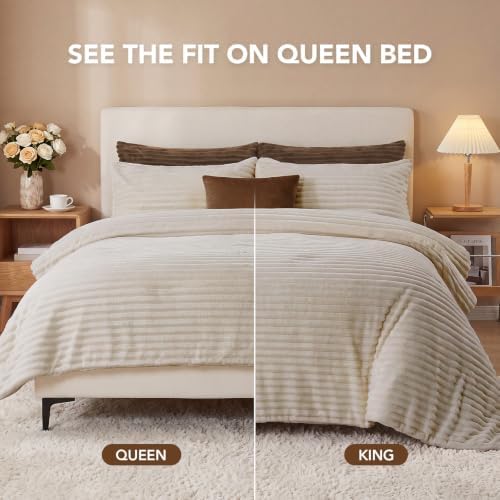 HYLEORY Fluffy Queen Comforter Set 3 Pieces - Fleece Fluffy Soft & Warm Plush Linen Comforter Sets, Luxury Fuzzy Bedding Sets, All Season Heavy Bed Set Queen Size with 2 Pillowcases
