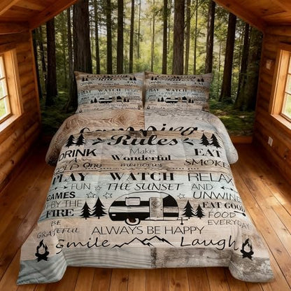Happy Camping Camper Kids Comforter Set Queen Size,Rustic Farmhouse Adventure Cabin Bedding Set,Girls Boys Room Decor,Wooden Plank Cottage Lake House Quilt Comforter,Vintage Duvet Insert,2 Pillowcases