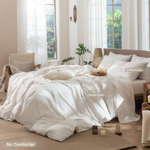 MooMee Striped Duvet Cover Set 100% Washed Cotton Linen Like Full