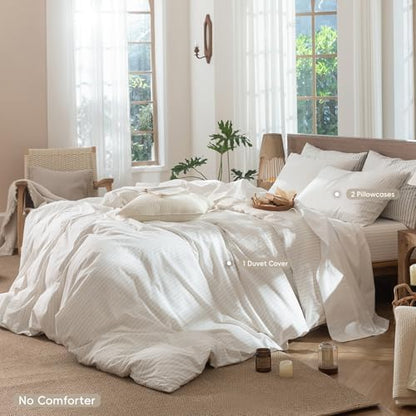 MooMee Striped Duvet Cover Set 100% Washed Cotton Linen Like Full