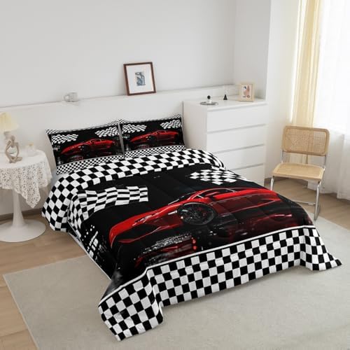 Feelyou Race Car Comforter Set Toddler Size Cool Car Bedding Set Ultra Soft Racing Car Comforter for Kids Boys Girls Extreme Sports Duvet Quilt Bedroom Decor Automobile Quilt