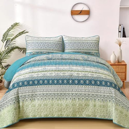WONGS BEDDING Boho Quilt Queen Size,3 Pcs Aqua Bedspread Bedding Set
