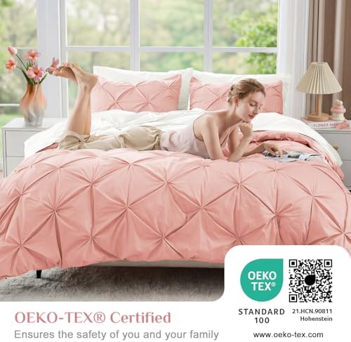 JOLLYVOGUE King Size Comforter Set 7 Pieces - Bed in a Bag King for All Season, Pintuck Bedding Comforter Sets with Comforter, Flat Sheet, Fitted Sheet and Pillowcases & Shams, Pink & Ivory