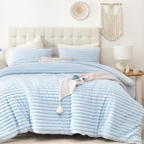 Smoofy Fluffy King Size Comforter 3 PCS - Light Blue Fleece Bedding Set