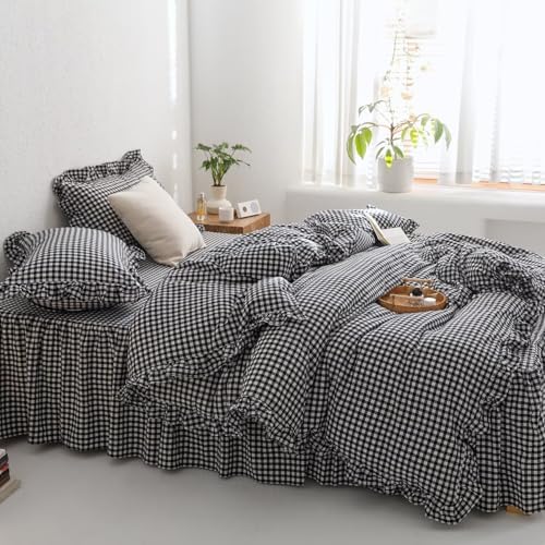 mixinni Black White Gingham Ruffle Duvet Cover Twin Size 3 Pieces – 100% Washed Cotton, Vintage Plaid Ruffled Bedding Set with Zipper Ties, Soft Checkered Grid Farmhouse Chic Comforter Cover Set