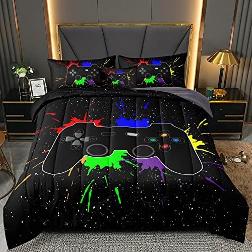 BDUCOK Boys Bed in a Bag Game Comforter Sets Queen Size, Video Game Controller Comforter for Boys Kids, Adults, 3D Gamepad Microfiber Bed Set 6 Pieces, Queen