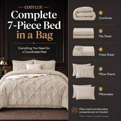 CozyLux King Size Comforter Set Beige, 7 Pieces Pintuck Bed in a Bag