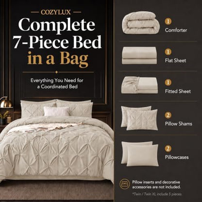 CozyLux King Size Comforter Set Beige, 7 Pieces Pintuck Bed in a Bag