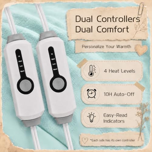 Electric Heated Blanket King Size 90"x100", Dual Controllers, Mint Green