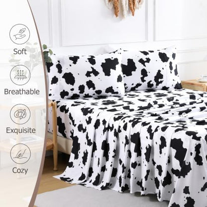 CozySmile Floral Printed Sheet Set King Size 4 Piece,Soft & Breathable Deep Pocket 16" Cooling Wrinkle Free Comforter Bed Set Botanical Pattern Sheets (King, Black and White Milk Pattern)