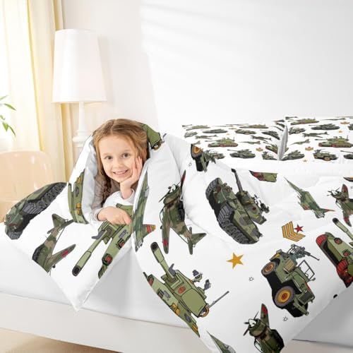 Manfei War Theme Comforter Set King Size, Aircraft Tanks Bedding Set 3pcs for Kids Boys Bedroom Decor, Retro Army Green Airplane Tanks Down Comforter Soft Polyester Quilt Set with 2 Pillowcases
