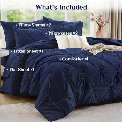 JOLLYVOGUE Full Size Comforter Sets 7 Pieces - Bed in a Bag Full for All Season, Pintuck Bedding Comforter Sets with Comforter, Flat Sheet, Fitted Sheet and Pillowcases & Shams, Navy