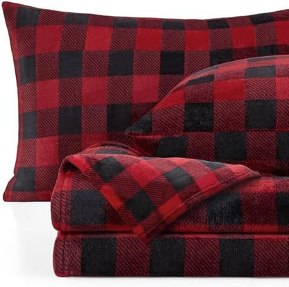 BEDELITE Plaid Flannel Sheet Set, Queen Size, Red and Black, 4 Pieces