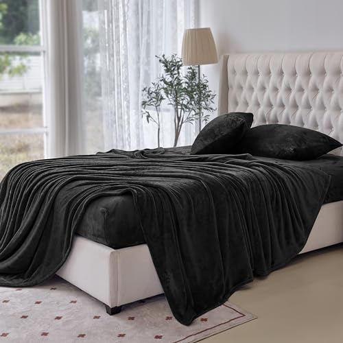Elegant Comfort Luxuriously Soft 4-Piece Velvet Plush Flannel Sheet Set - Premium Quality - Cozy Warm, Anti-Static, Non Pilling Fuzzy Velvet Flannel Fleece Deep Pocket Sheet Set - Full, Black