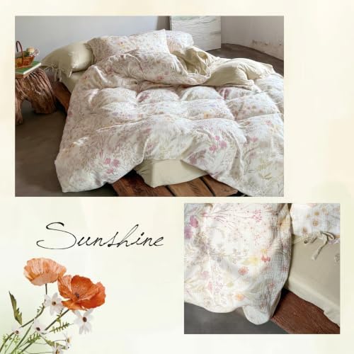 VM VOUGEMARKET Cottagecore Wildflower Duvet Cover Set Twin,Luxury Crinkled Double Layer Cotton Bedding Bedding Set,Lightweight Breathable Floral Comforter Cover for Girls Women