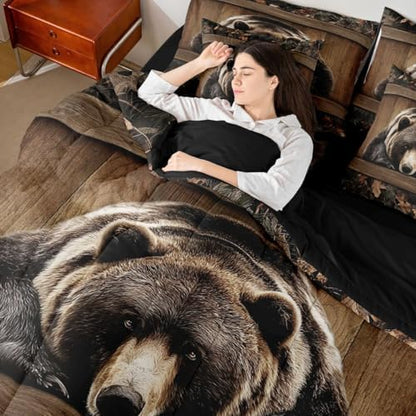 Erosebridal Grizzly Bear Full Bedding Set 7 Piece Rustic Hunting Bear Bed in A Bag with Sheets Farmhouse Cabin Comforter Set for Kids Adults,Wildlife Animal Black Brown Bed Sets