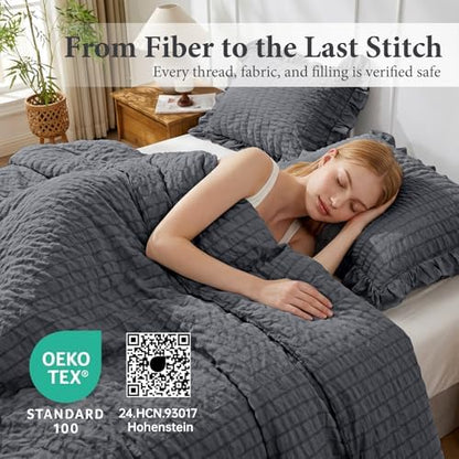 JOLLYVOGUE Dark Grey King Comforter Set,3pcs Seersucker Comforters King