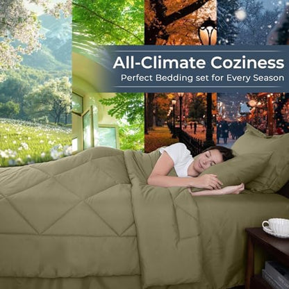 HEVUMYI 7-Piece King Comforter Set, Olive Green Bed in a Bag