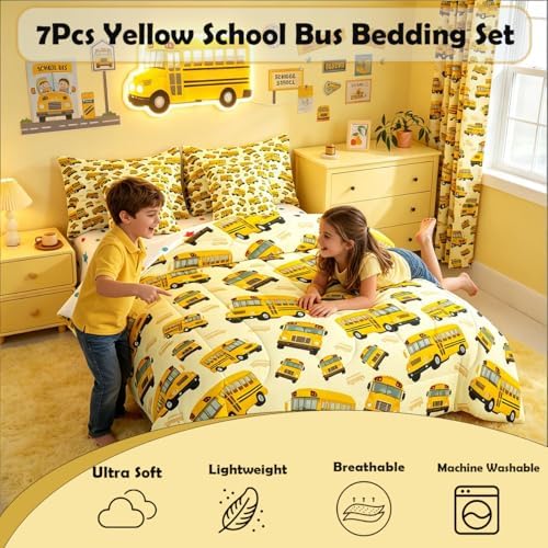 Feelyou Yellow School Bus Comforter Set Twin Size 7 Pcs Bedding Set Kids