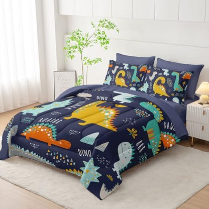 7Pcs Comforter Set Cartoon Dinosaur Printed Bedding Set with 1 Comforter, 1 Flat Sheet, 1 Fitted Sheet and 4 Pillowcases for Boys and Girls Bedroom All Season(Queen)