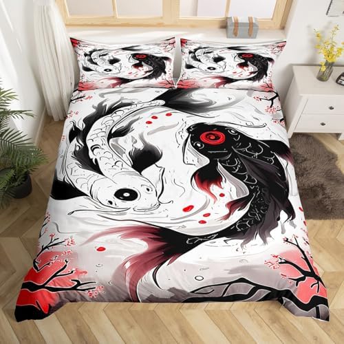 Feelyou Kids Japanese Koi Fish Duvet Cover Twin Size Yin Yang Bedding Set Boys Girls Cherry Blossoms Japanese Ukiyoe Theme Comforter Cover（No Comforter