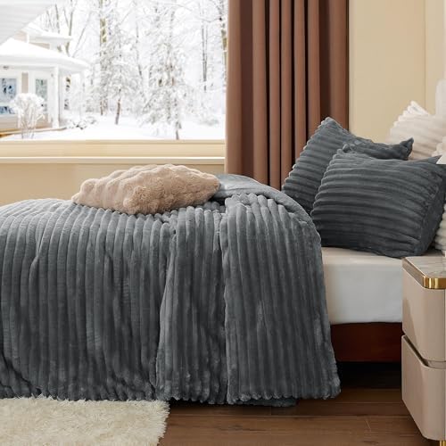 BEDELITE Fleece Full Comforter Set, Fluffy Bed Set, Grey