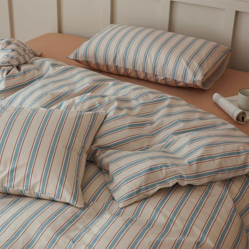 LifeTB Striped Comforter Set Twin XL Size, Fluffy Soft Blue Brown Stripes Pattern Printed Bedding Set, 3 Pieces Lightweight Bedding Comforter Set, Breathable Striped Bed Comforter with 2 Pillowcases
