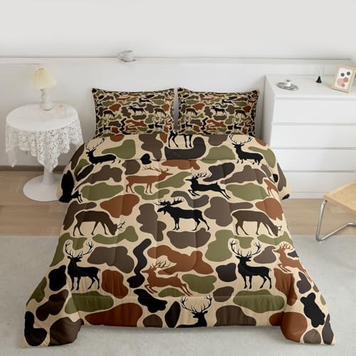 Homewish Deer Camo Comforter Set Queen Size,Army Green Camouflage Bedding Sets 3Pcs for Kids Women Room Decor,Hunting Deer Quilted Duvet Hunt Wild Animals Down Comforter,2 Pillowcases