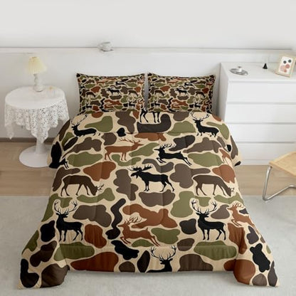 Homewish Deer Camo Comforter Set Queen Size,Army Green Camouflage Bedding Sets 3Pcs for Kids Women Room Decor,Hunting Deer Quilted Duvet Hunt Wild Animals Down Comforter,2 Pillowcases