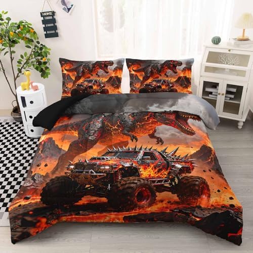 AILONEN Dino Monster Truck Comforter Set Twin 3 Piece - Black Volcano Flame Bedding for Kids Boys - Soft Microfiber with 2 Pillowcases