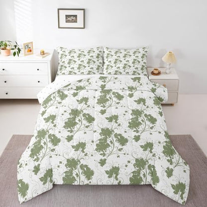 jejeloiu Green Flower Comforter Set Full Size Kids Floral Bedding Set for Boys Girls Teens Botanical Duvet Breathable Minimalist Aesthetics Quilt Bedroom Decor,1 Comforter with 2 Pillowcase