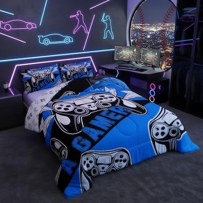 Erosebridal Gaming Comforter Sets for Boys Kids Video Game Comforter Set,Gamer Bedding Set Blue Black Quilt Duvet Set Men Boys Bedroom Decor,King Size 3Pcs