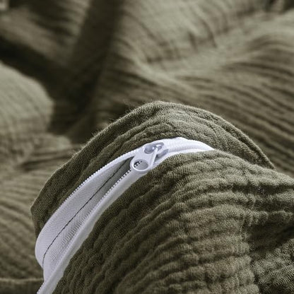 mixinni Olive Green Waffle Weave Duvet Cover Set King, 3-Piece 100% Natural Washed Cotton Triple-Layer Gauze Solid Bedding Set, Soft Breathable Minimalist Comforter Cover with Zipper & Ties-King