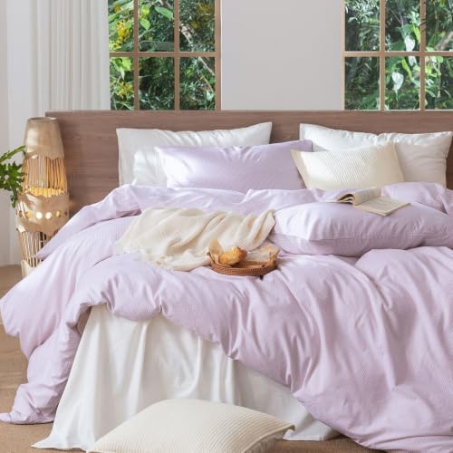 MooMee Striped Duvet Cover Set 100% Washed Cotton Linen Like King