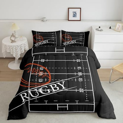 Erosebridal Boys Rugby Full Size Comforter Set for Kids Child Sports Theme Bedding Set, Ball Gamer Down Comforter Black Reversible Bed Set, Soccer Football Quilted Duvet, Ultra Soft