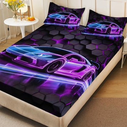 HOSIMA Kids Boys Race Car Queen Bedding Sets,1 Fitted Sheet+2 Pillowcases.