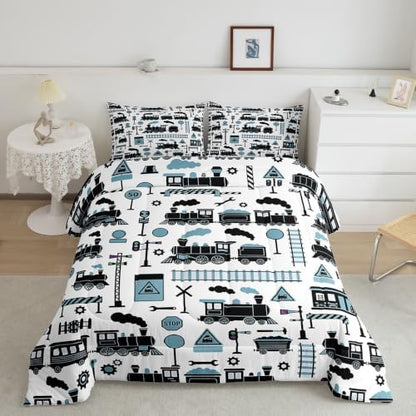 Feelyou Train Comforter Set King Size Cartoon Car Bedding Set for Kids Boys Girls Cute Vehicle Duvet Quilt Bedroom Decor Microfiber 3 Pcs with 2 Pillow Cases