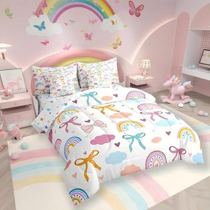 Erosebridal Kawaii Rainbow 7 Piece Bedding Set, Watercolor Clouds Bow Knot Queen Comforter Set with Sheets Ribbon Bowknot Dreamy Princess Style Bed in a Bag, Cute Room Decor Aesthetic