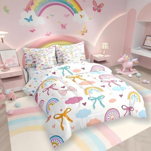 Erosebridal Kawaii Rainbow 7 Piece Bedding Set, Watercolor Clouds Bow Knot King Size Comforter Set with Sheets Ribbon Bowknot Dreamy Princess Style Bed in a Bag, Cute Room Decor Aesthetic