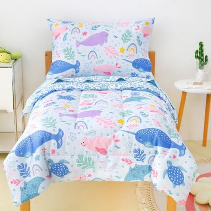Mooreeke Toddler Bedding Sets for Girls,4 Pieces Blue Ocean Animals Printed